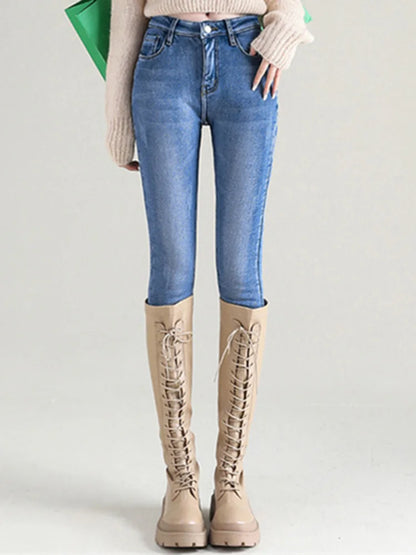 Women Spring Stretchy Skinny Pencil Pants Lady High Waist Vintage Jeans