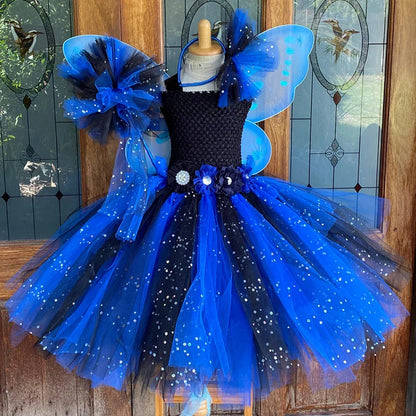 Baby Girls Blue Black Glitter Tutu Dress Kids Flower Fairy Dresses with Butterfly Wing Stick Hairbow Set Children Party Costumes