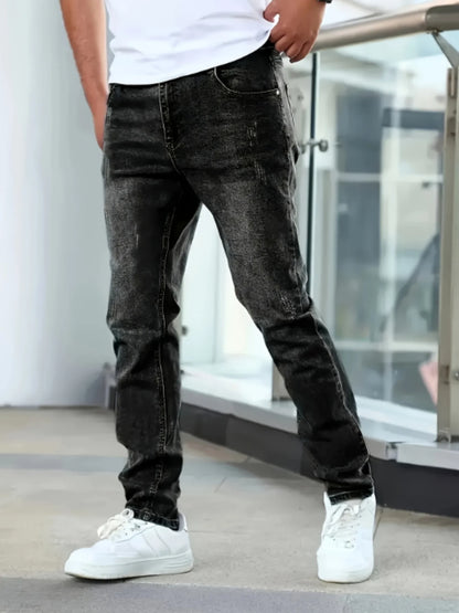 1pc Men'S Casual Slim Fit Stretch Jeans, Chic Street Style Distressed Denim Pants