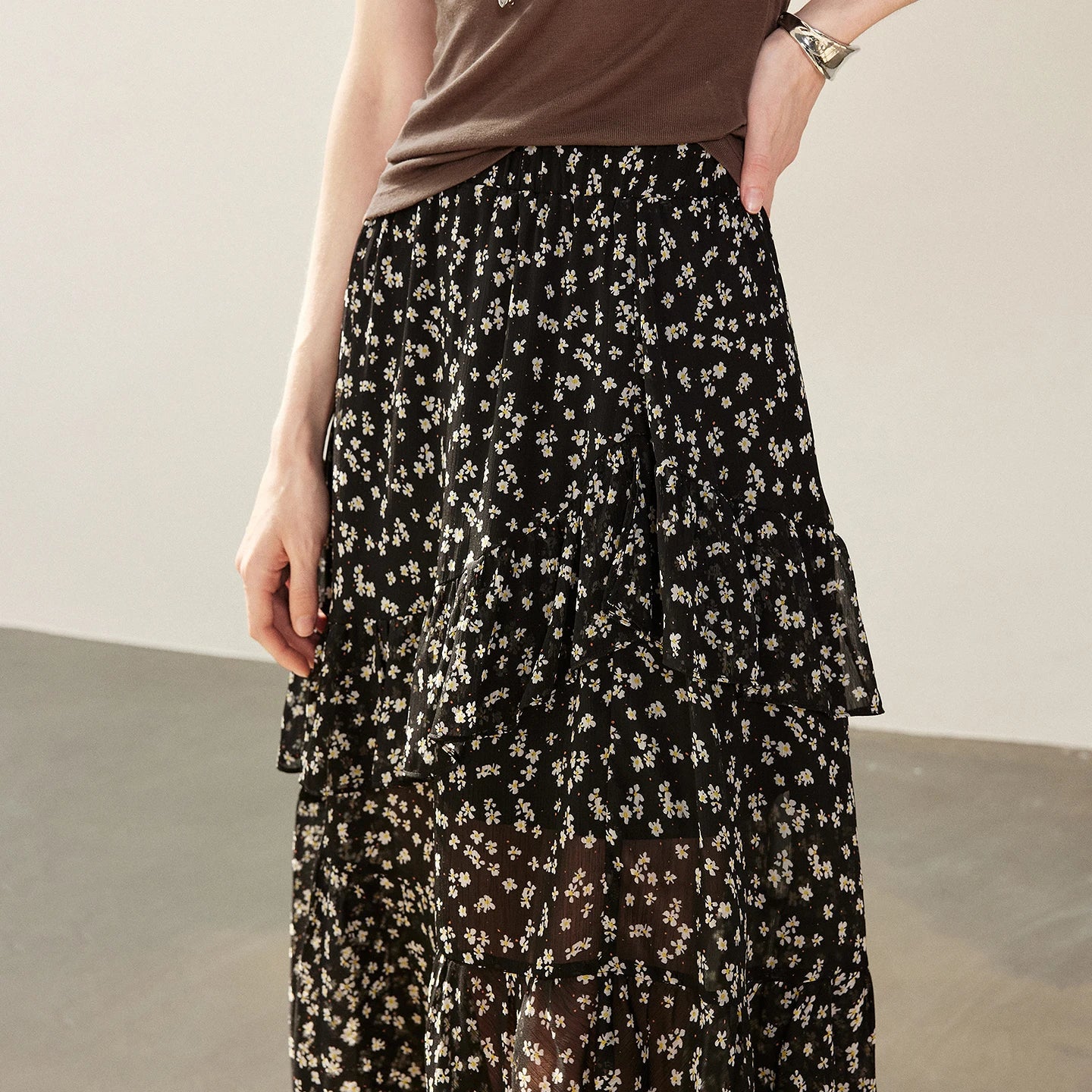 Women Chiffon Skirt 2026 Spring New Country Style Light and Flowing Floral Print Layered Ruffled Skirt