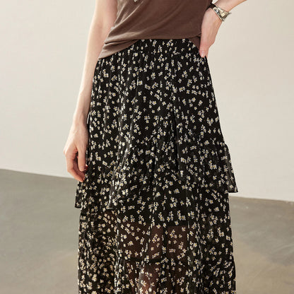 Women Chiffon Skirt 2026 Spring New Country Style Light and Flowing Floral Print Layered Ruffled Skirt