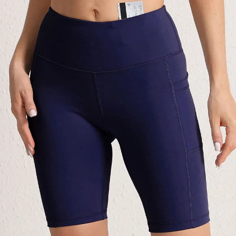 Women Yoga Shorts with 3 Pockets Seamless Gym Fitness Tights Elastic Cycling Shorts Female Solid Color Leggings