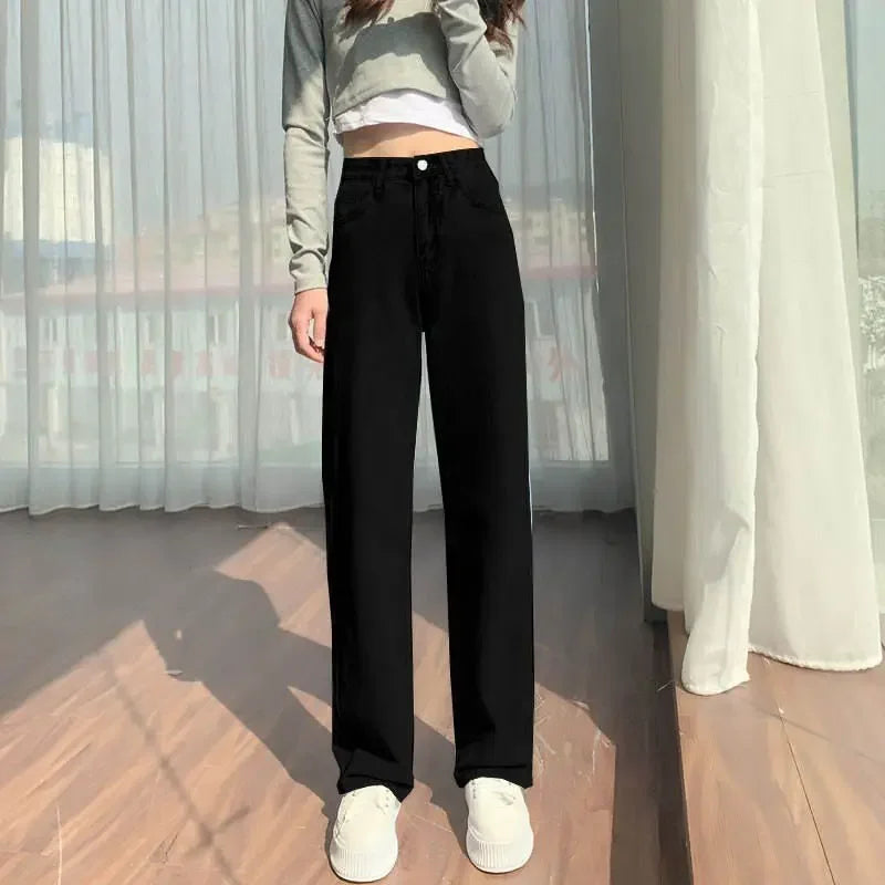 American Style Black Grey Wide-Leg Jeans For Women