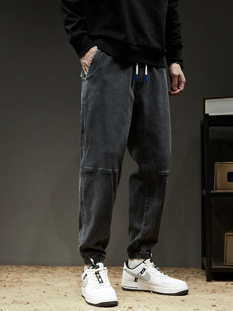 Calça Jeans Masculina Cargo Primavera Verão Levemente Elástica Algodão Denim Jogger Preta Azul Streetwear Folgada