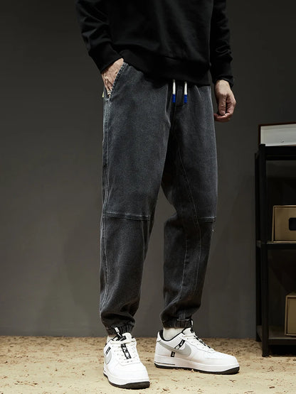 Calça Jeans Masculina Cargo Primavera Verão Levemente Elástica Algodão Denim Jogger Preta Azul Streetwear Folgada