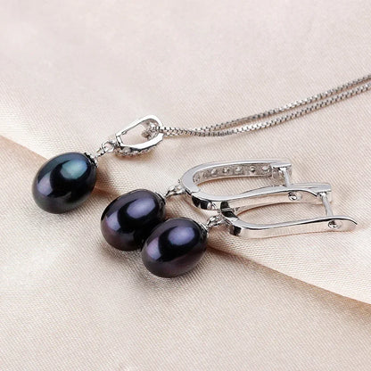 Horseshoe 8-9mm Rice Freshwater Pearl Earrings&Necklaces Jewelry Set for Women 925 Sterling Silver 45cm Pendant Necklace