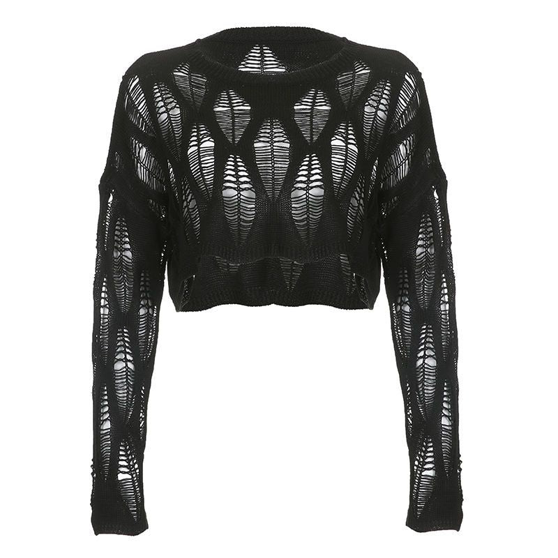 Women Hole Hollow Out Y2K T-shirts Batwing Sleeve Knitted Shirt For Women Loose Streetwear Tops Spring Autumn 2024