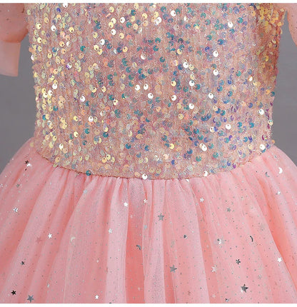 Children's Dress Girls' Princess Sequin Bubble Sleeve Long Mesh Flower Little Girl Wedding For Summer