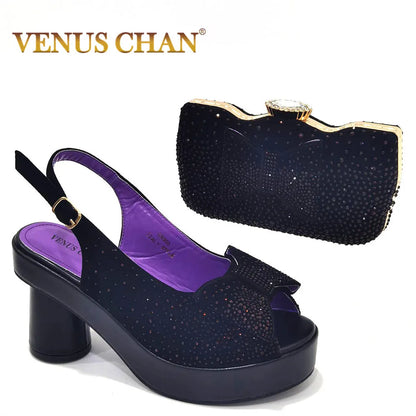Silver Fashion Square Heels with Platform African Women Shoes and Bag Set Full Crystal Pumps for Wedding Party