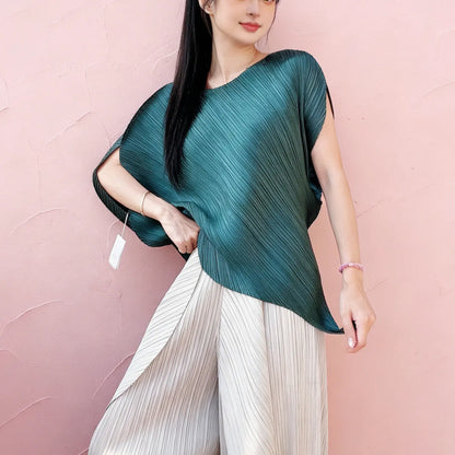Miyake pleated high-end design fashionable irregular solid color round neck top for women