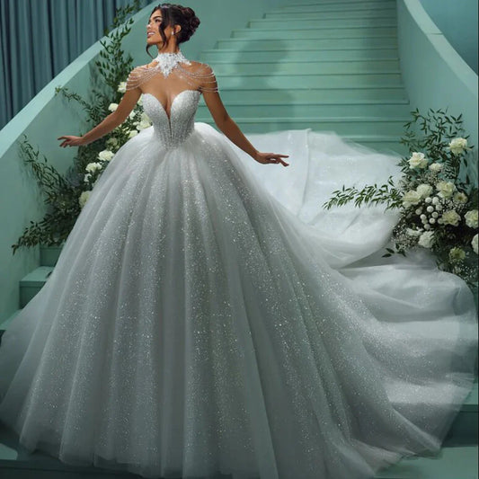 Customized Glitter Princess Wedding Dresses 2025 Beading Ball Gown Bride Dress Sweetheart Beaded Cathedral vestidos de novia