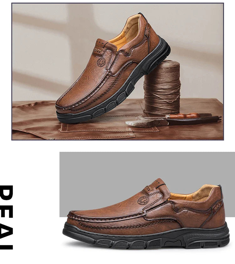 Men's Handmade Thick Rubber Bottom Breathable Casual Leather Shoes Classic Sewn Loafers Comfortable Leisure Footwear