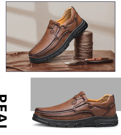 Men's Handmade Thick Rubber Bottom Breathable Casual Leather Shoes Classic Sewn Loafers Comfortable Leisure Footwear