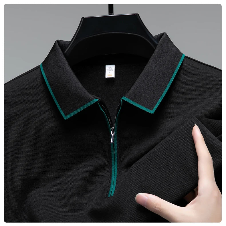 Light luxury brand long sleeved men's polo shirt autumn fashion flip collar half zipper design boutique top silk casual T-shirt