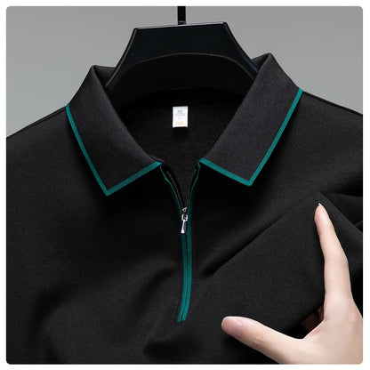 Light luxury brand long sleeved men's polo shirt autumn fashion flip collar half zipper design boutique top silk casual T-shirt