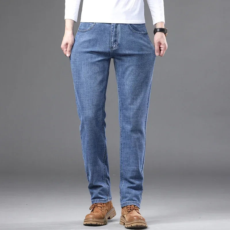 Fashion Light Blue Slim Straight Jeans Men's Spring autumn Elastic Comfortable Denim Pants Korean Casual Business Trousers
