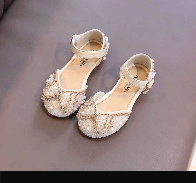 Cute Rhinestone Decorated Girls Shoes, Sweet Princess Style Flats for Wedding & Party, Soft Leather Children’s Dress Sandals