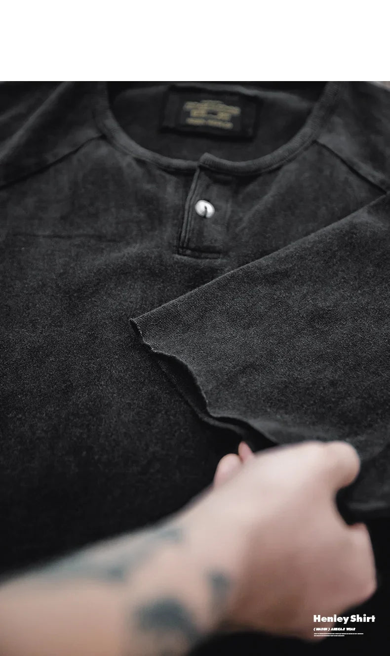 Japanese Vintage Heavyweight Henley T-Shirt Men Distressed Loose Short Sleeve Tops Casual Button Cotton Washed Tee Shirts