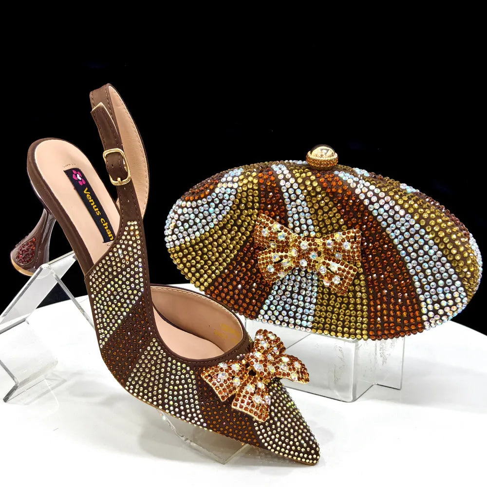 Nigerian-Inspired Rhinestone High Heels for Women with Purple Oval Bag – Stylish Ladies' Footwear & Accessory Set