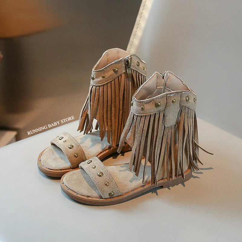 One-strap Summer Roman Shoes for Girls Tassel Rivets High-top Sandals Little Girl Soft Sole Bohemian Dress Shoes Child I06133