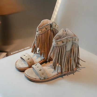 One-strap Summer Roman Shoes for Girls Tassel Rivets High-top Sandals Little Girl Soft Sole Bohemian Dress Shoes Child I06133