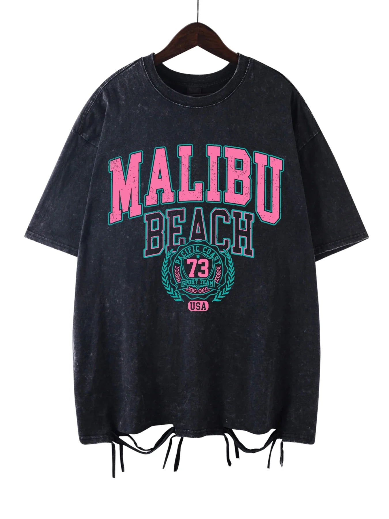 Malibu Beach Washed T-Shirt Women Letter Printing Cotton T Shirt Comfortable Crewneck Tops Casual Oversized Tees Female Clothes