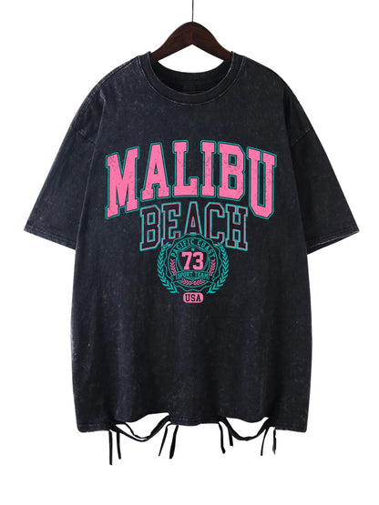Malibu Beach Washed T-Shirt Women Letter Printing Cotton T Shirt Comfortable Crewneck Tops Casual Oversized Tees Female Clothes