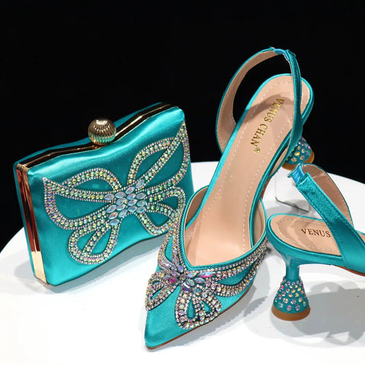 Elegant Green Bling Bow Pointed Toe Pumps for Women 2024 Party italian Rhinestones shoes and bags matching set