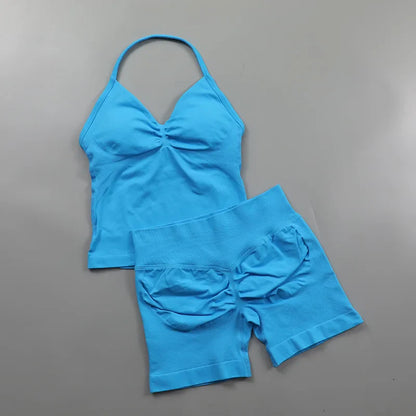 Yoga Longline Strappy Top Leggings Set Women's Backless Camisole Built-In bra Vest High-Waisted Hip Lift Gym Shorts Sports Set