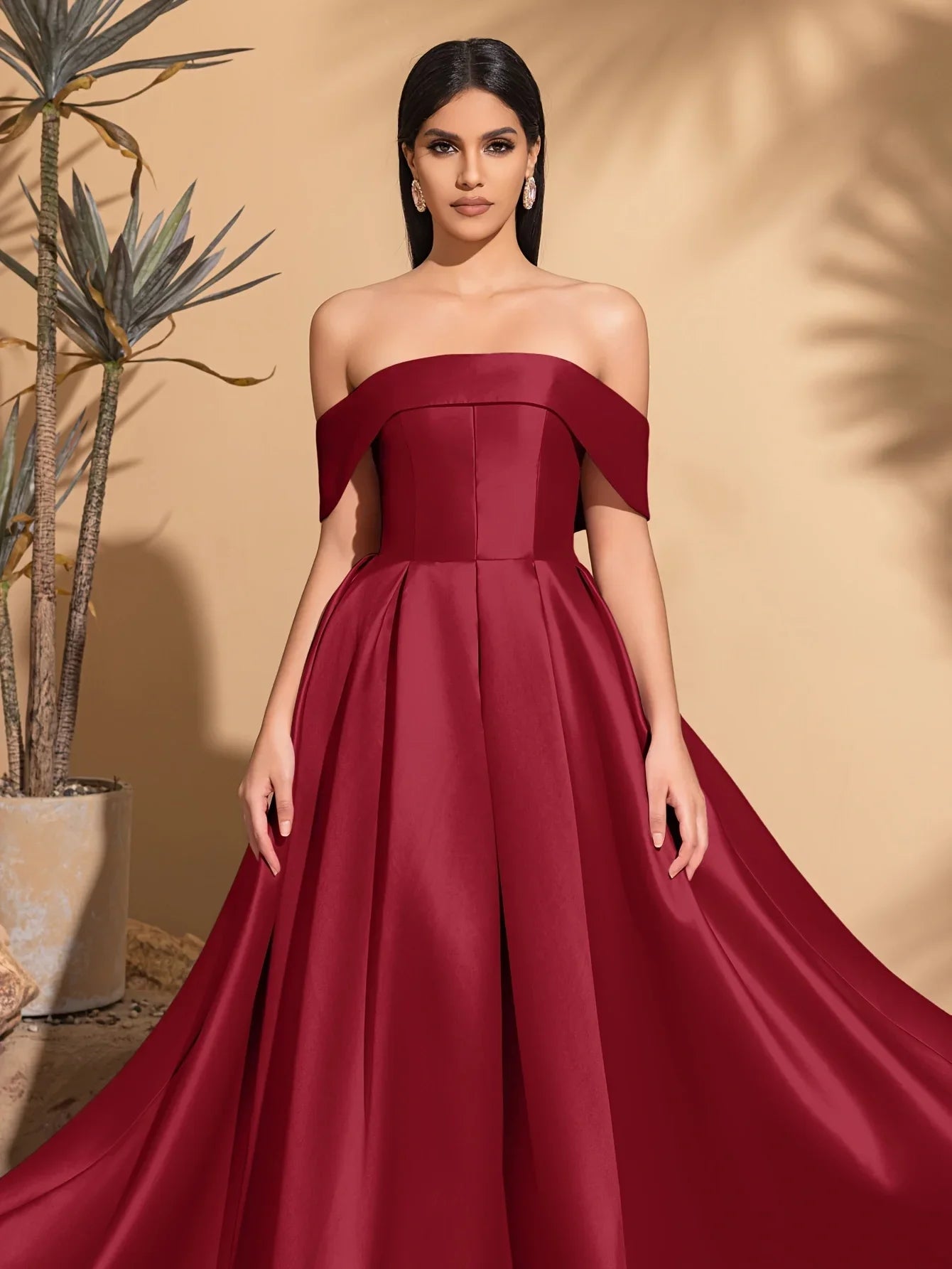 Off-the-shoulder satin dress with back tie, elegant and chic dress