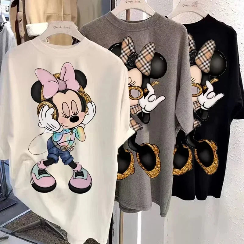 New Minnie Kawaii Fun Women's Printed T-shirt Fashion Summer Cartoon Minnie Top Y2K Women's Extra Large Cotton T-shirt