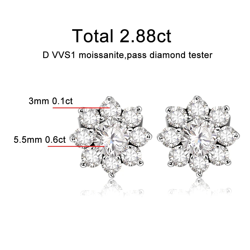 D VVS1 All Moissnaite Diamond Earring for Women 925 Sterling Sliver Plated 18k white gold Stud Ear Wedding Fine Jewelry