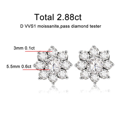 D VVS1 All Moissnaite Diamond Earring for Women 925 Sterling Sliver Plated 18k white gold Stud Ear Wedding Fine Jewelry