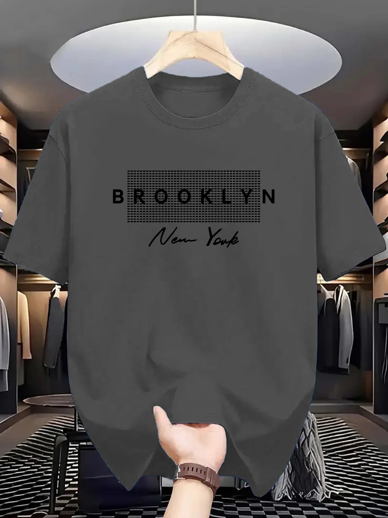 Summer 2026 Brooklyn New York Grid Print T-Shirt for Men Casual Crew Neck Short Sleeve Tee | Trendy Streetwear Tops Ideal