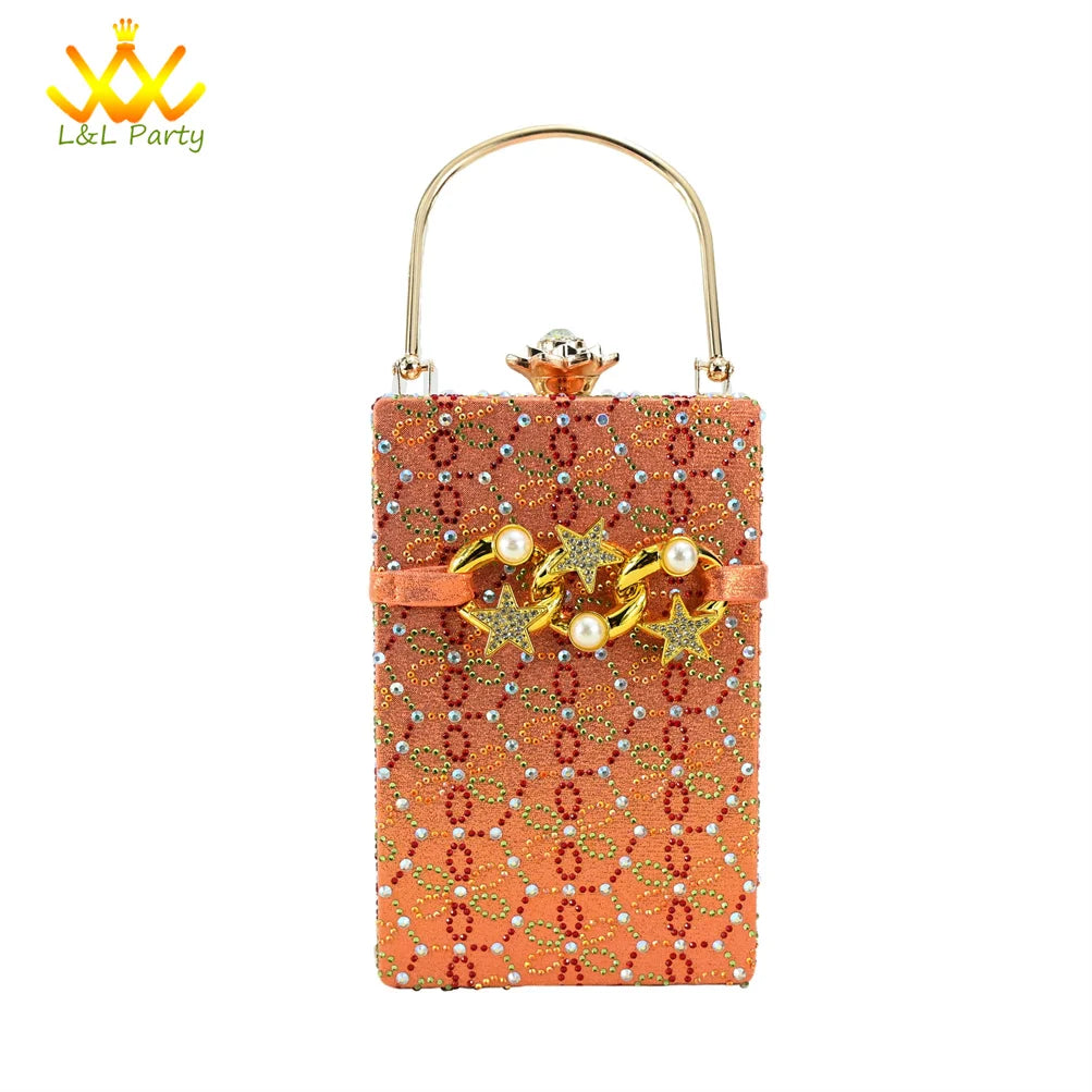 Low Heels Comfortable Sweet Style Italian Design Shoes Matching Bag Set in Orange Color High Quality with Crystal for Dress