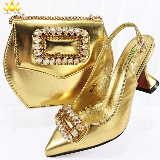 2024 Latest Nigerian Design Italian Women's Comfortable Heels Pointed Toe Sandals Wedding Party Gold Color Shoes and Bags Set