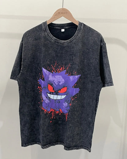 2026 Vintage Washed Mens Womens T Shirt Gengar Anime Short Sleeves Tee Graphic Print Casual Top Summer Y2k Streetwear