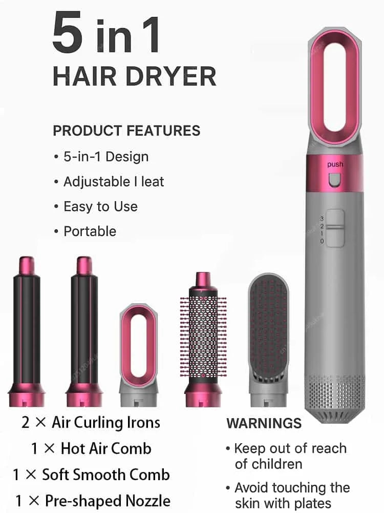 5 In 1 Professional Hair Dryer Hot Air Comb Brush With Curling Iron And Hair Straightener For Salon Quality Hair Styling