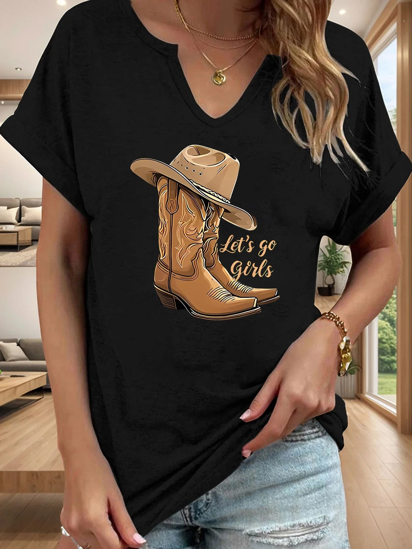 Let's Go Girls Cowboy Boots Letter Print Women T Shirt Short Roll-up Sleeve V-Neck Summer Casual Top T-shirts for Women