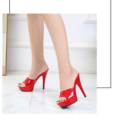 Slippers Women Summer 2022 New Black High Heels 13 CM  Color Club Sexy High Platform Thin  Party Girl Show Sandals  Size 34-43