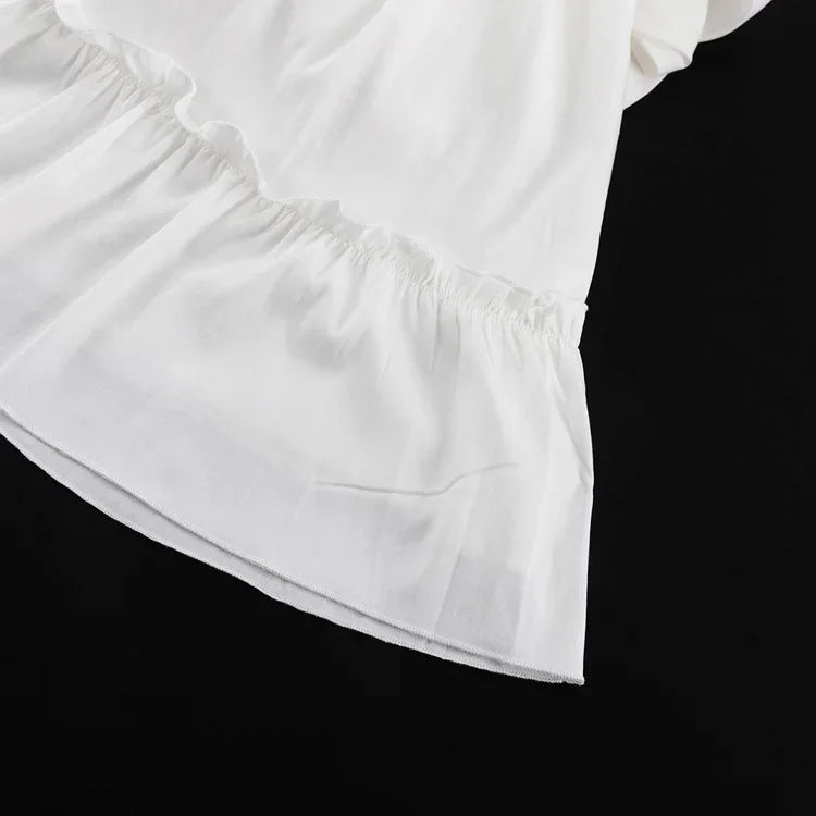 White Ruffle Bandage Mini Dress Women's Elegant Patchwork Long Sleeve Dress New Slim V Neck Lace Up Summer Mini Dress