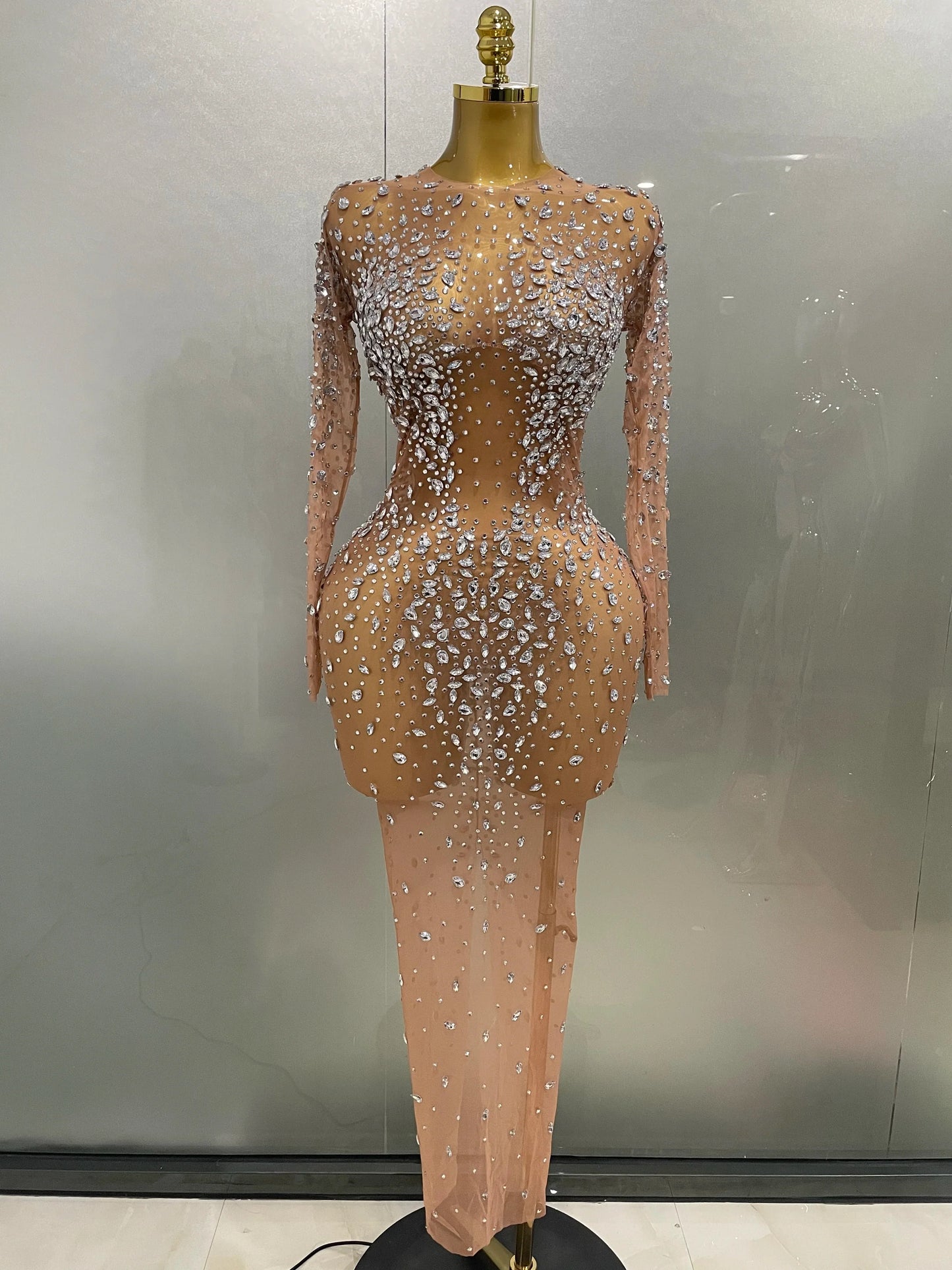 Shinny Rhinestone Stretch Mesh Transparent Long Dress 2025New Women Evening Birthday Party Prom Nightclub Singer Stage Wear
