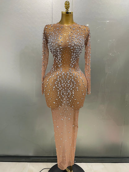 Shinny Rhinestone Stretch Mesh Transparent Long Dress 2025New Women Evening Birthday Party Prom Nightclub Singer Stage Wear