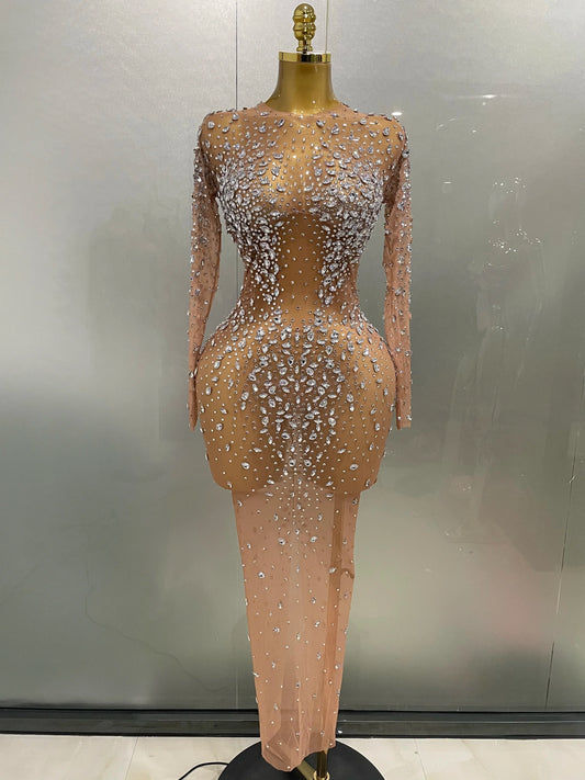 Shinny Rhinestone Stretch Mesh Transparent Long Dress 2025New Women Evening Birthday Party Prom Nightclub Singer Stage Wear