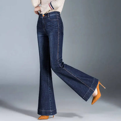 Vintage Ethnic Embroidery Flare Jeans Women Blue Wash Button Pocket Zipper Elastic High Waist Casual Versatile Straight Pants