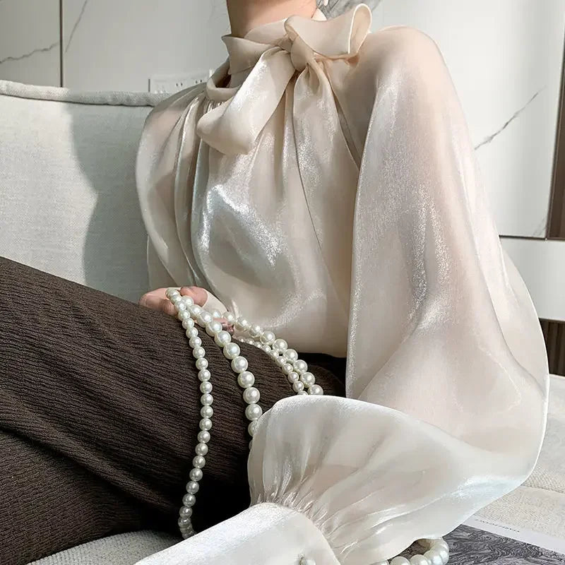 Women's Satin Blouses Stylish Big Bow Shirts 2023 Spring Autumn New Fashion Korean Edition Casual Puff Sleeve Female Solid Top