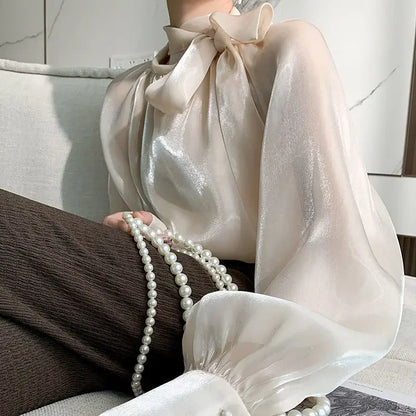 Women's Satin Blouses Stylish Big Bow Shirts 2023 Spring Autumn New Fashion Korean Edition Casual Puff Sleeve Female Solid Top