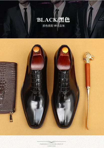 Genuine Leather Shoes for Men Dress British Business Party Lace Up Black Square Toe Fashion Casual Formal Suit Handmade Men Shoe