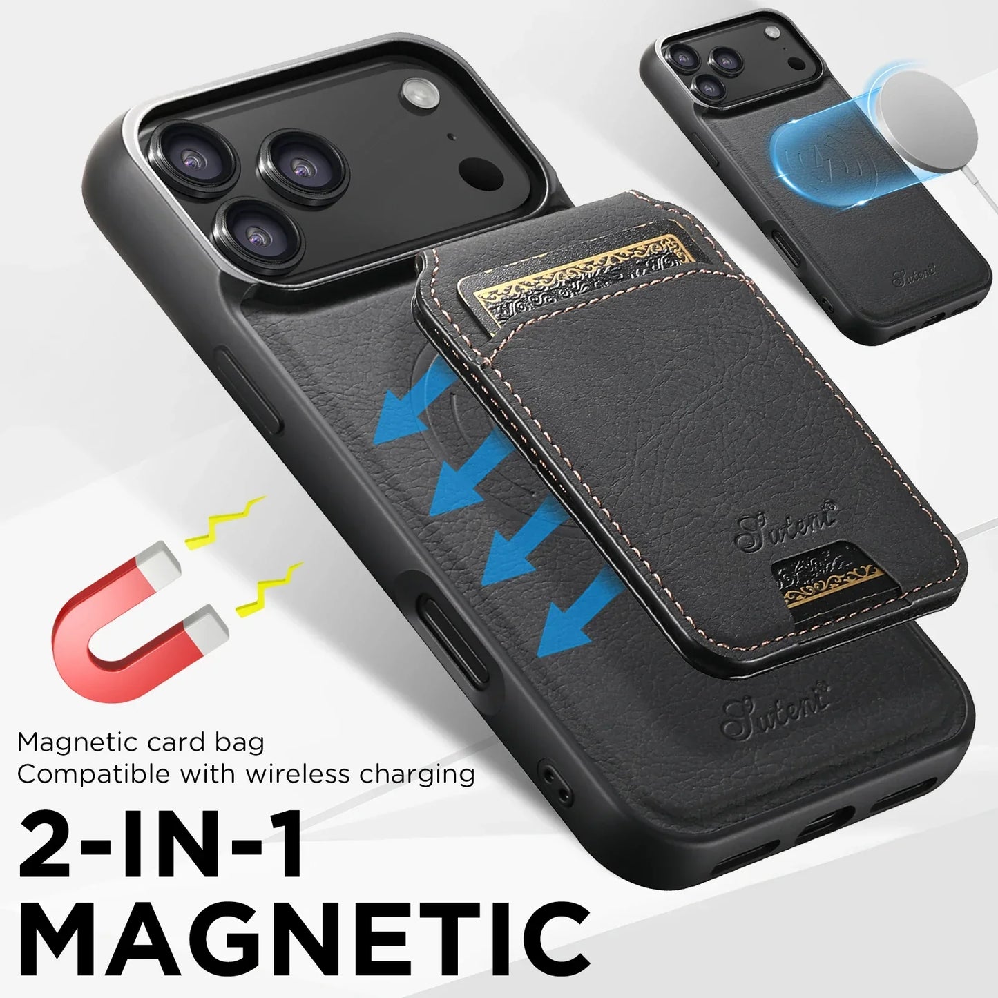 Wireless Charging Phone Case Magnet Card Holder Stand Faux Leather For iPhone 17 Pro Max 16 Plus 15 14 13 12