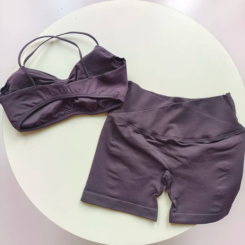 2 Piece Gym Set Women Yoga Crop Top High Waist Scrunch Seamless Shorts Fitness Bra Sport Suit Sportswear Workout Set